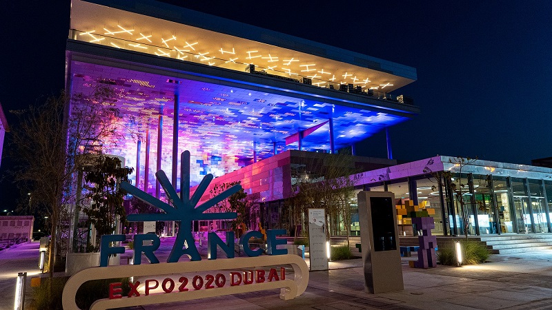 The French Pavilion at the EXPO2020 in Dubai, at night time. Copyright: Axa Gulf.