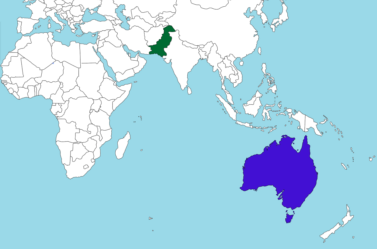 Map of the world with Pakistan and Australia highlighted.