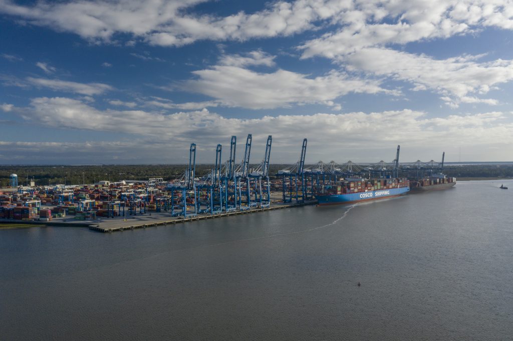 Two container ships docked at the Wando Welch Terminal (WWT) in Mount Pleasant, South Carolina, on November 19, 2020. Copyright: USDA Media by Lance Cheung.