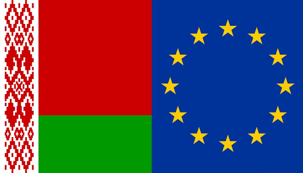 Two half of flags, one of the Belarus and one of the EU.