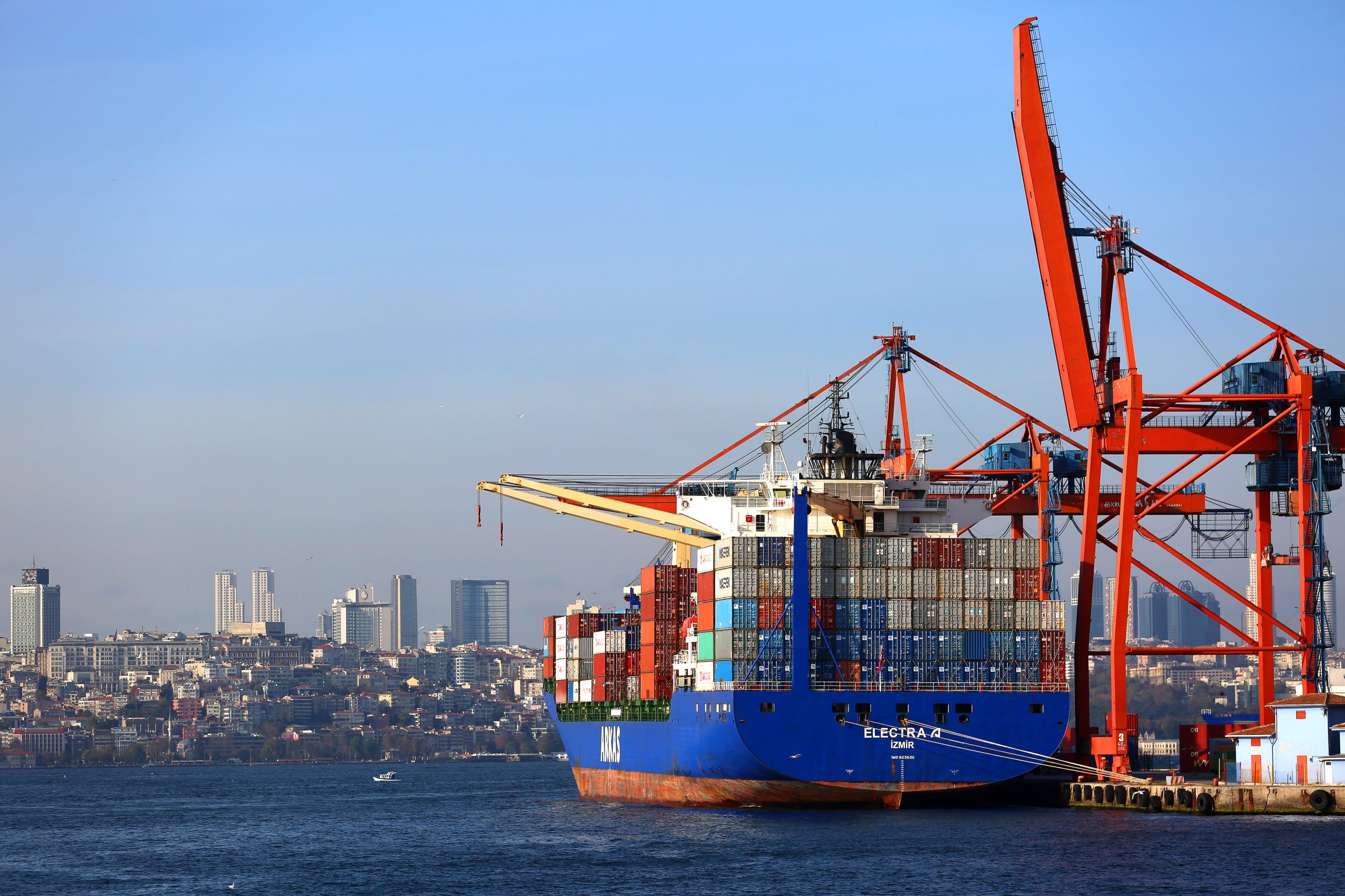 Big cargo ship waiting to be loaded in the Istanbul port Kadikoy.