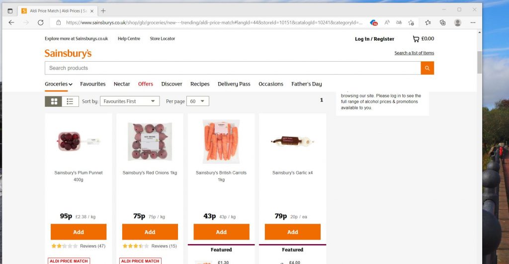 Sainsbury's website screenshot.